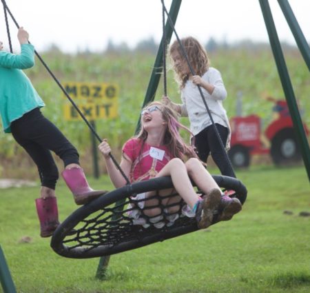 Three elementary aged children swing on a large circle tire swing.