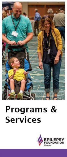 Brochure cover — a man and a woman smile while standing while a child in a stroller, and title, Programs & Services.