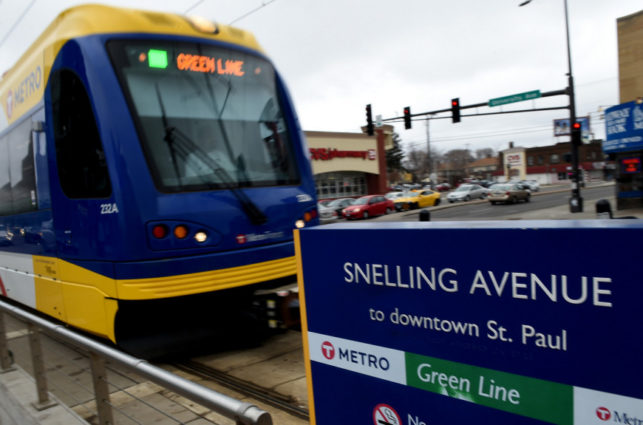 The Snelling Green Line light rail transit stop.