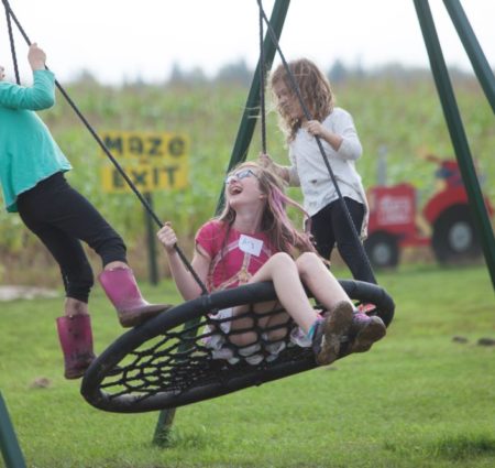 Three elementary aged children swing on a large circle tire swing.
