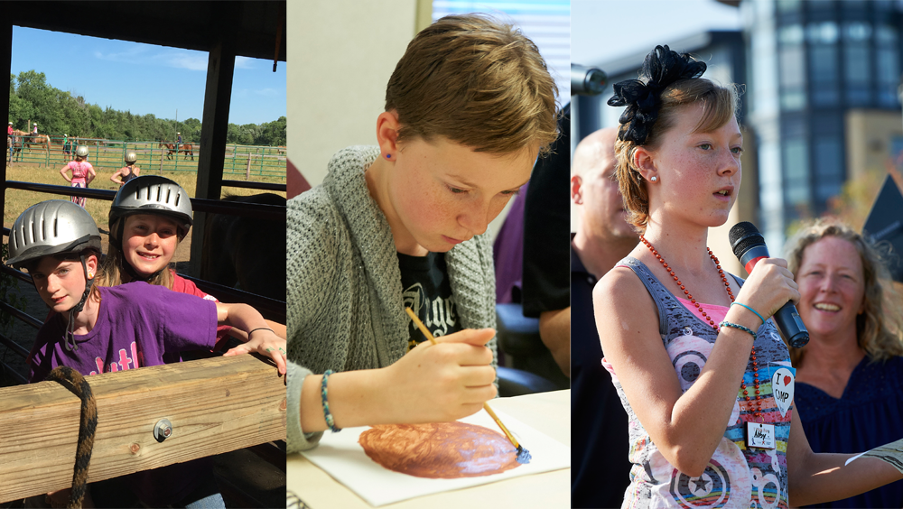 Three photos show the same young girl with a house, doing a painting, and giving a speech.