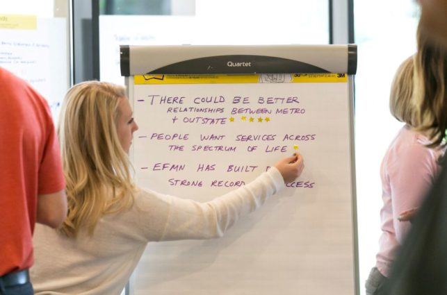 A woman stands in front of an easel pad, writing notes with a marker.