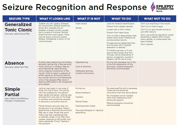 Image of chart listing types of seizures, with title Seizure Recognition and Response.