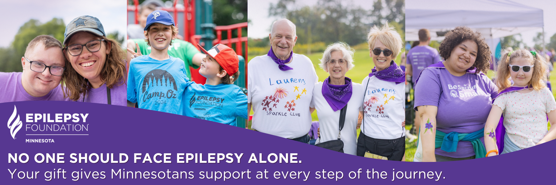 Graphic of EFMN community members with overlay of EFMN logo and text No one faces epilepsy alone. Your gift gives Minnesotans support at every step of the journey