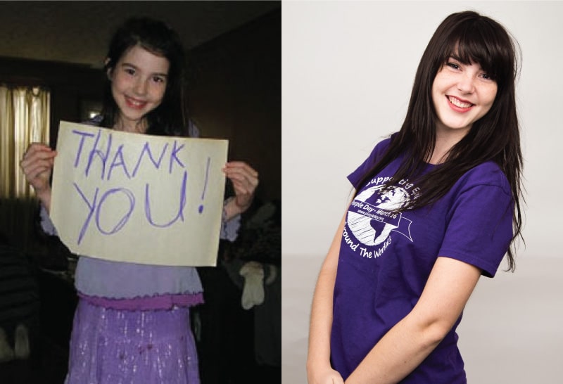 Cassidy Megan holding thank you sign and purple day t-shirt